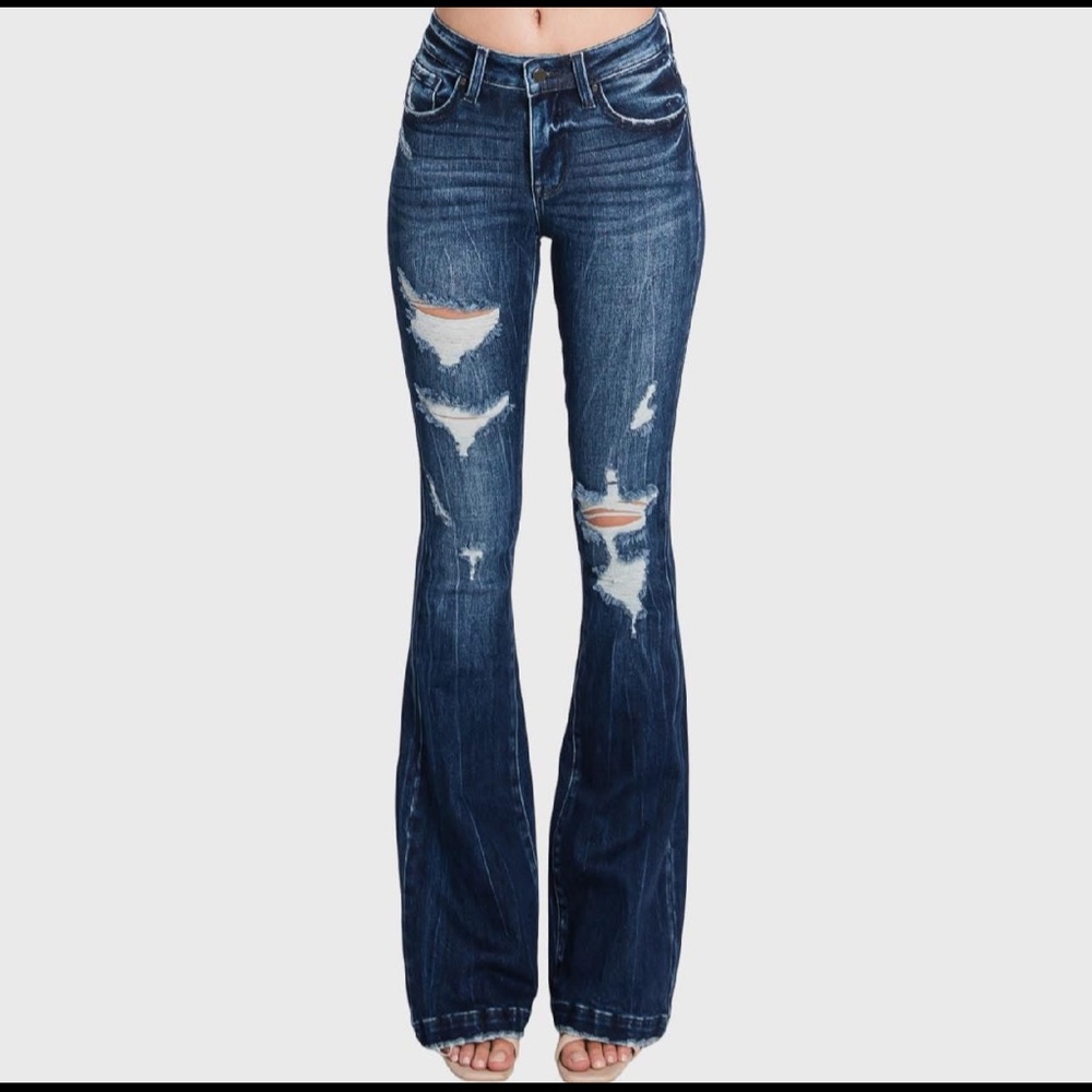 Chic Flare Distressed Blue Jeans